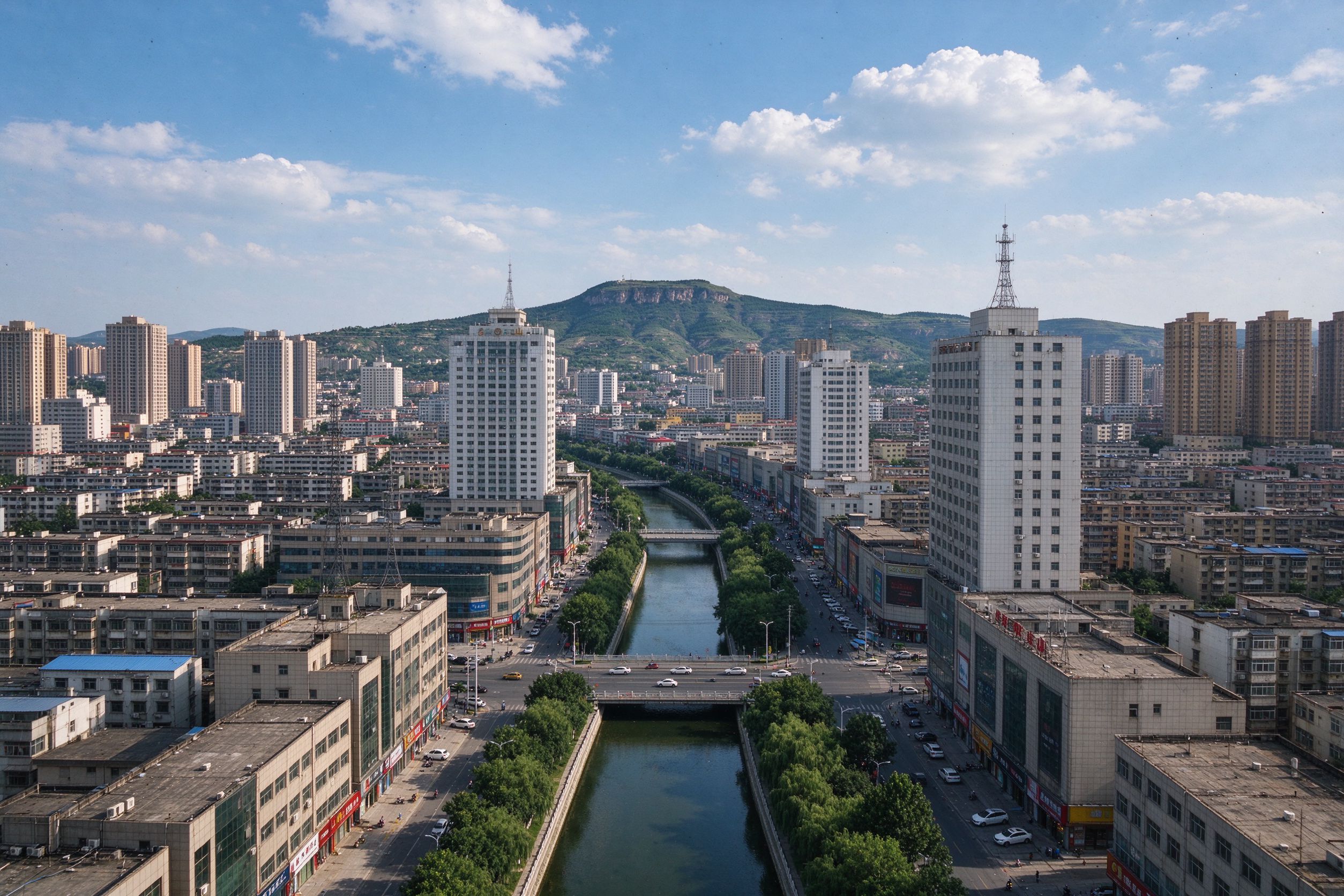 河南平顶山城市风貌，湛河穿城